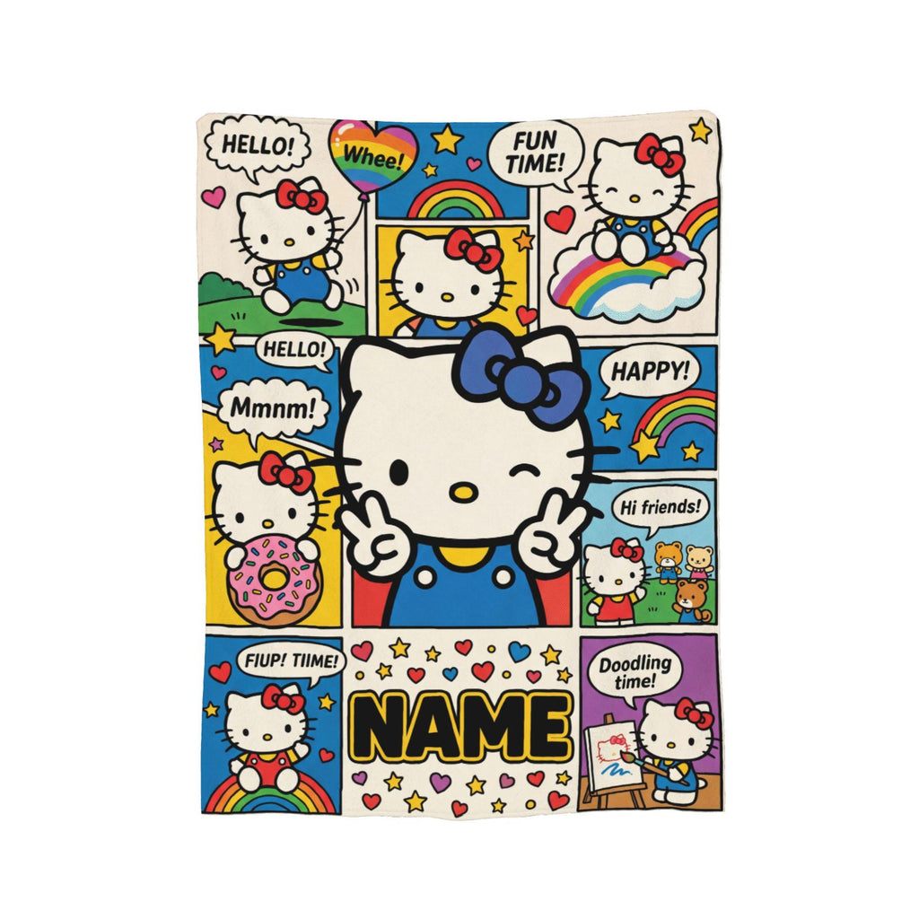 Personalized Comic Kitty Blanket, Custom Name Retro Cartoon Throw, Cute Kids Bedding Decor, Birthday Gift for Daughter Girl Flannel Blanket