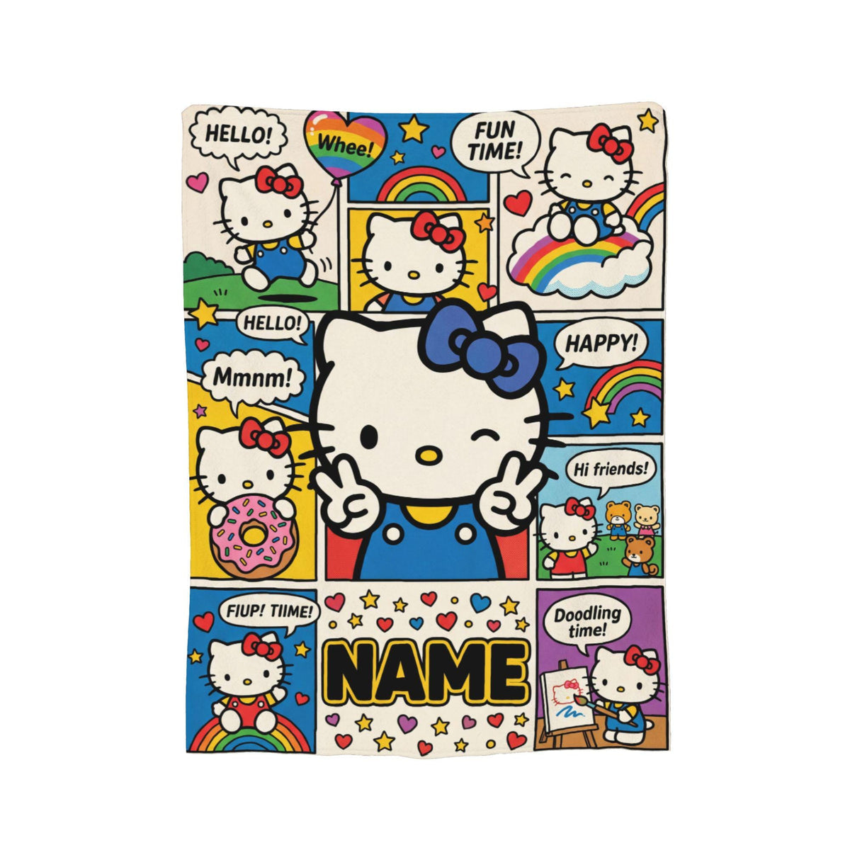 Personalized Comic Kitty Blanket, Custom Name Retro Cartoon Throw, Cute Kids Bedding Decor, Birthday Gift for Daughter Girl Flannel Blanket