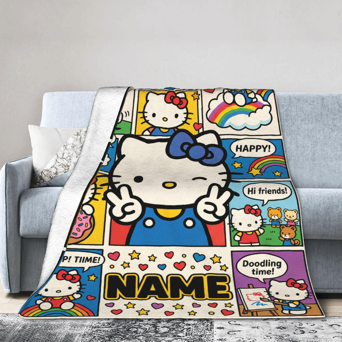 Personalized Comic Kitty Blanket, Custom Name Retro Cartoon Throw, Cute Kids Bedding Decor, Birthday Gift for Daughter Girl Flannel Blanket