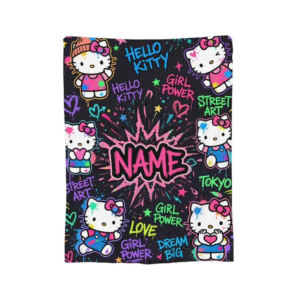 Personalized Graffiti Kitty Blanket, Custom Name Neon Street Art Throw, Teen Girl Room Bedding, Birthday Gift for Daughter Flannel Blanket
