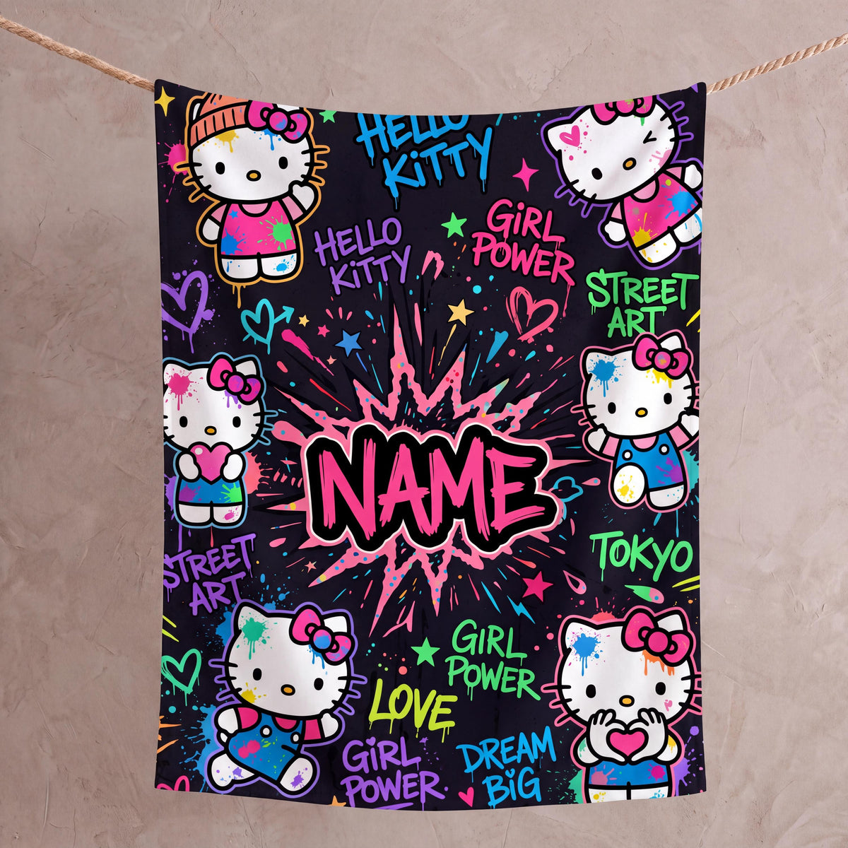 Personalized Graffiti Kitty Blanket, Custom Name Neon Street Art Throw, Teen Girl Room Bedding, Birthday Gift for Daughter Flannel Blanket