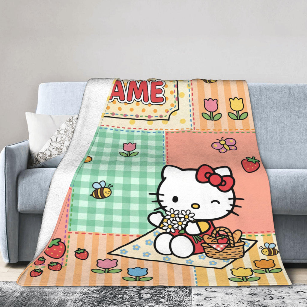 Personalized Garden Kitty Blanket, Custom Picnic Throw, Cute Strawberry Bee Nursery Bedding, Birthday Gift for Daughter Girl Flannel Blanket