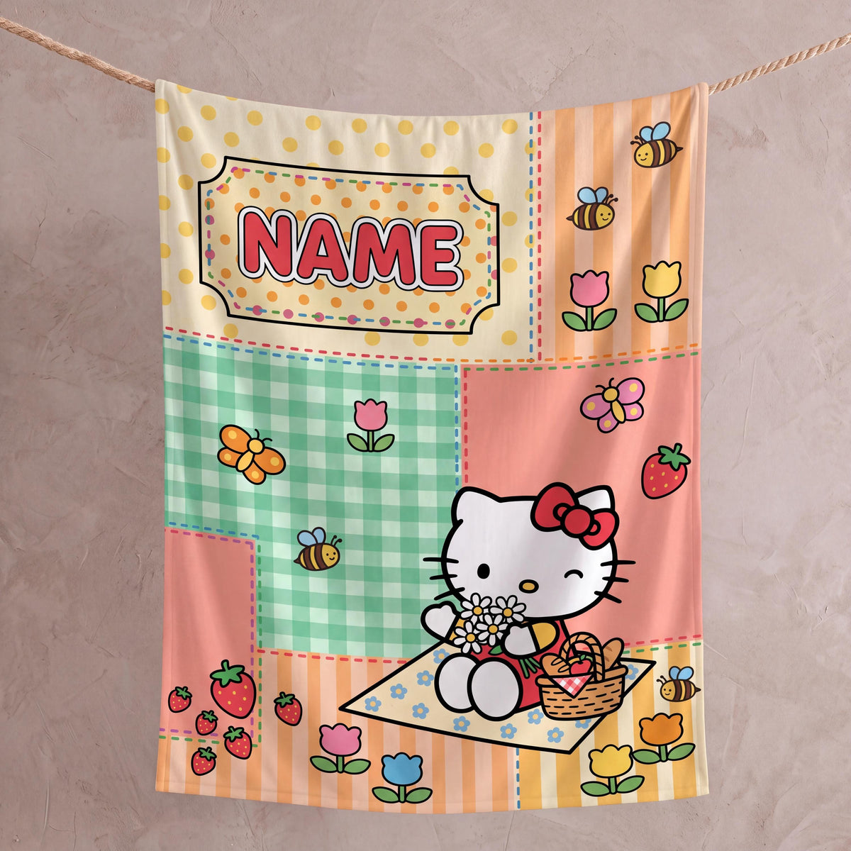 Personalized Garden Kitty Blanket, Custom Picnic Throw, Cute Strawberry Bee Nursery Bedding, Birthday Gift for Daughter Girl Flannel Blanket