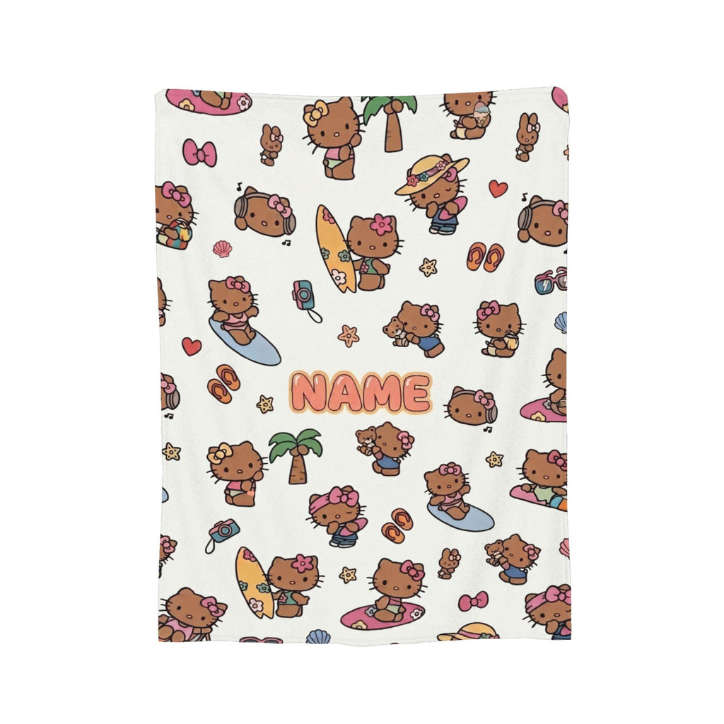Personalized Hawaii Kitty Blanket, Custom Beach Throw, Tropical Kids Bedroom Bedding, Birthday Gift for Daughter Girl, Flannel Fleece Throw