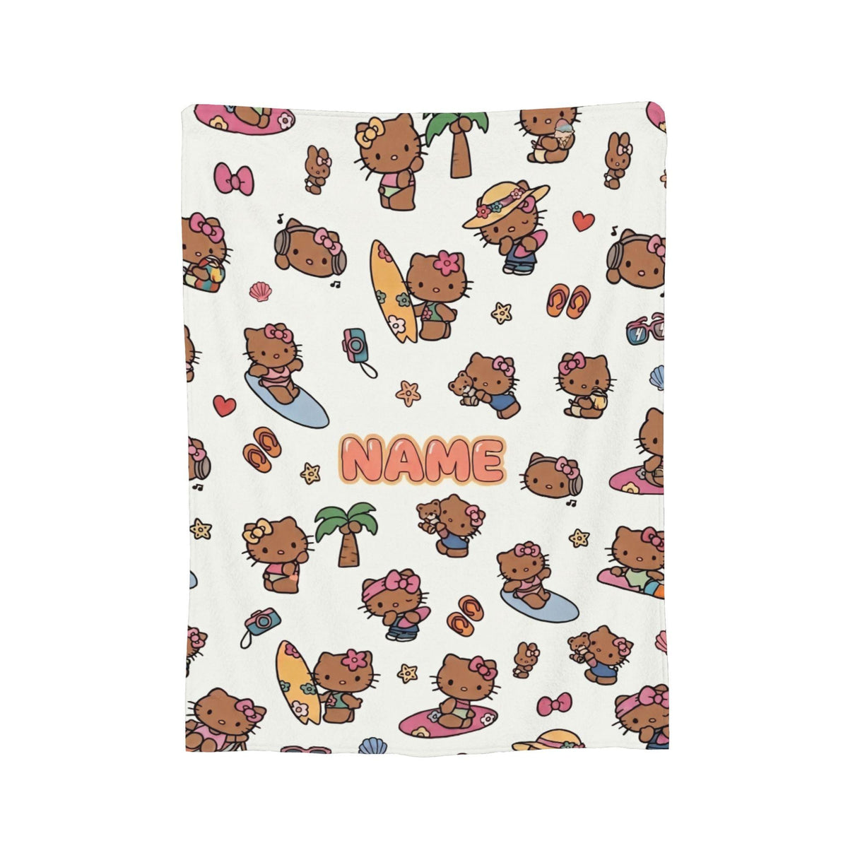 Personalized Hawaii Kitty Blanket, Custom Beach Throw, Tropical Kids Bedroom Bedding, Birthday Gift for Daughter Girl, Flannel Fleece Throw