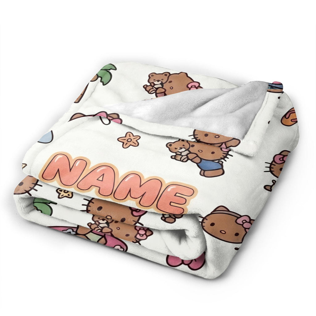 Personalized Hawaii Kitty Blanket, Custom Beach Throw, Tropical Kids Bedroom Bedding, Birthday Gift for Daughter Girl, Flannel Fleece Throw