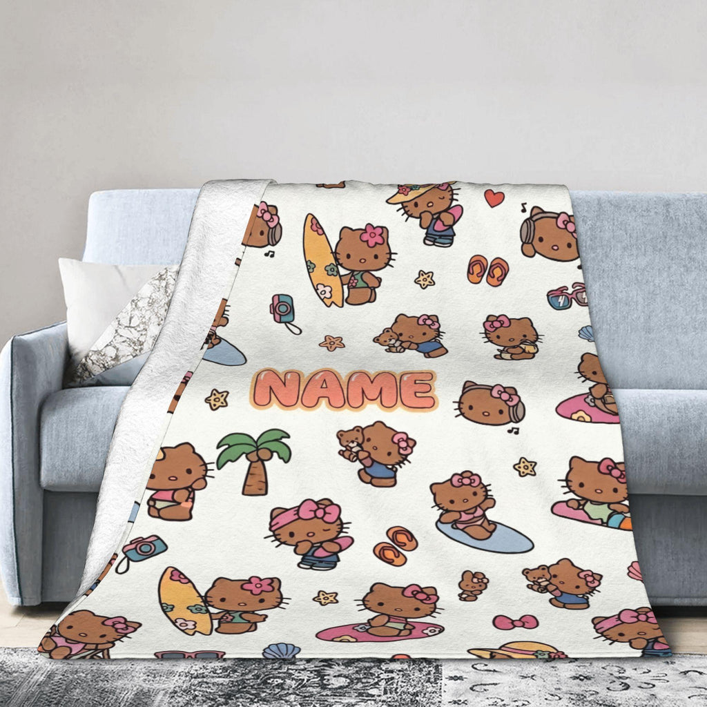 Personalized Hawaii Kitty Blanket, Custom Beach Throw, Tropical Kids Bedroom Bedding, Birthday Gift for Daughter Girl, Flannel Fleece Throw