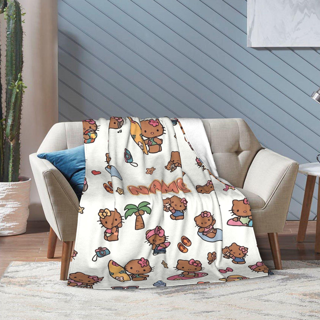 Personalized Hawaii Kitty Blanket, Custom Beach Throw, Tropical Kids Bedroom Bedding, Birthday Gift for Daughter Girl, Flannel Fleece Throw