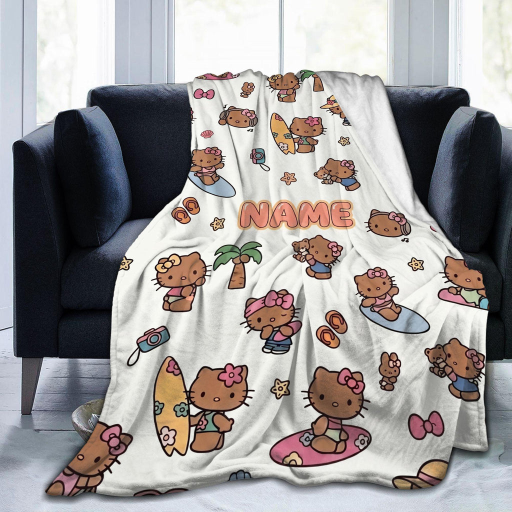 Personalized Hawaii Kitty Blanket, Custom Beach Throw, Tropical Kids Bedroom Bedding, Birthday Gift for Daughter Girl, Flannel Fleece Throw