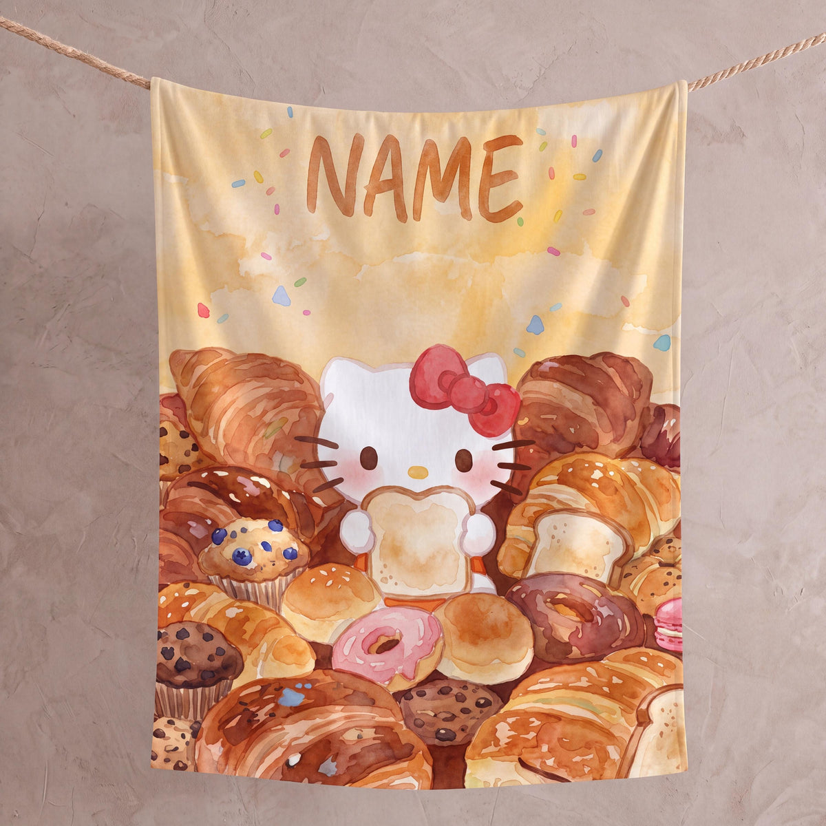 Personalized Bakery Kitty Blanket, Custom Bread Pastry Throw, Cute Foodie Nursery Bedding, Birthday Gift for Daughter Girl Flannel Blanket