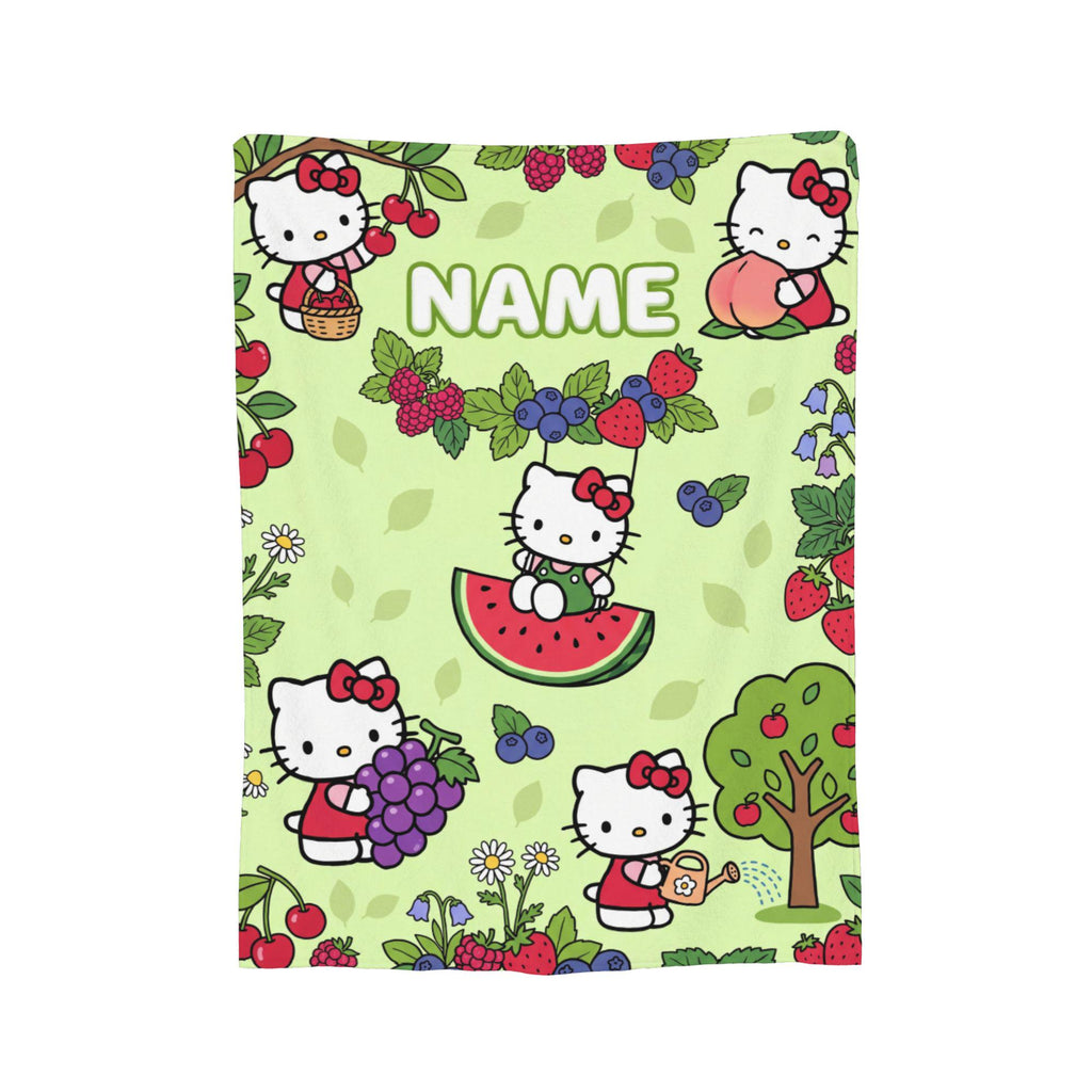 Personalized Orchard Kitty Blanket, Custom Fruit Garden Throw, Cute Kids Nursery Bedding, Birthday Gift for Daughter Girl Flannel Blanket