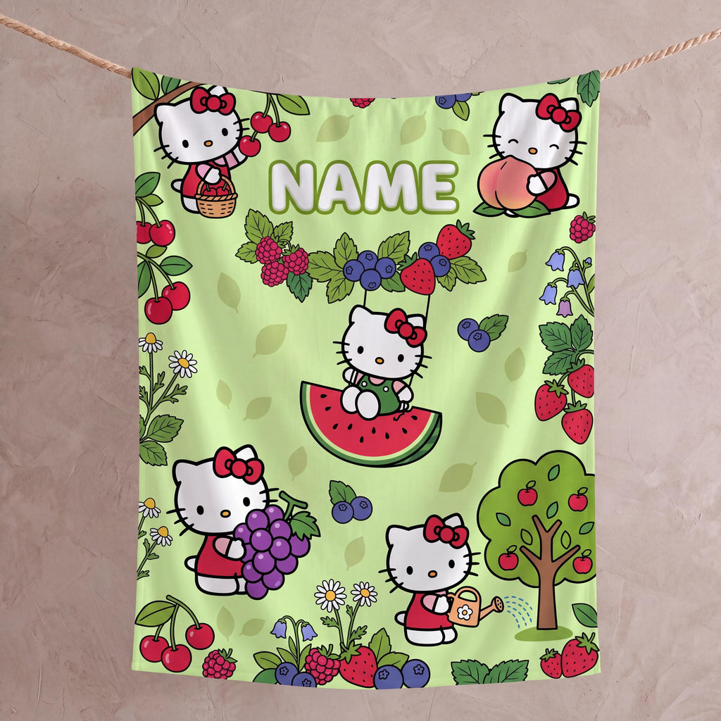 Personalized Orchard Kitty Blanket, Custom Fruit Garden Throw, Cute Kids Nursery Bedding, Birthday Gift for Daughter Girl Flannel Blanket
