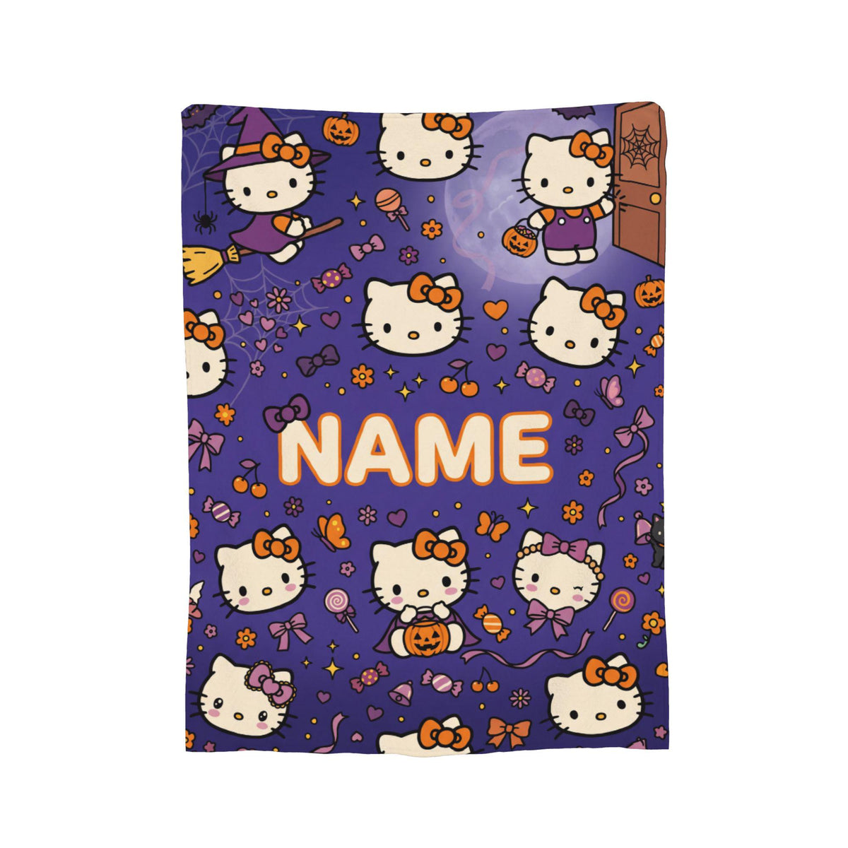 Personalized Halloween Kitty Blanket, Custom Spooky Throw, Cute Witch Kids Bedding Decor, Birthday Gift for Daughter Girl Flannel Blanket