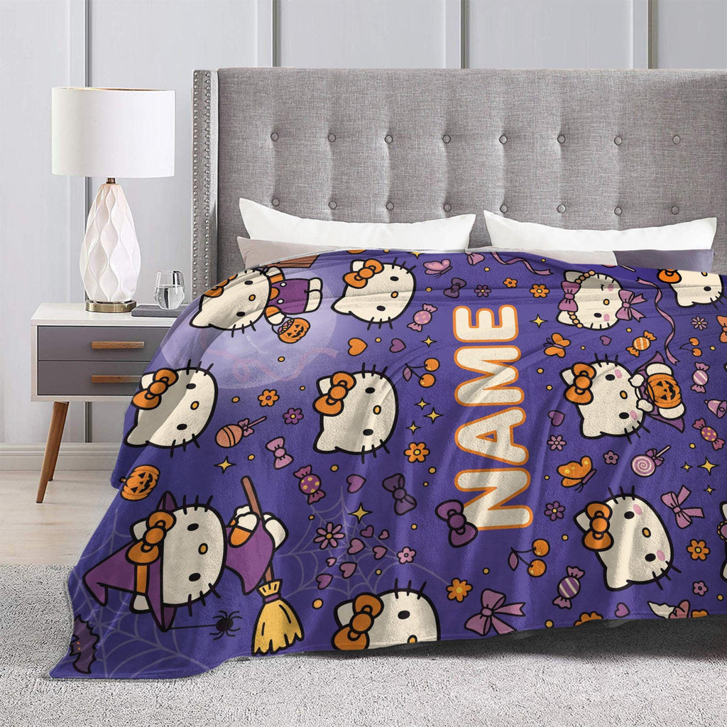 Personalized Halloween Kitty Blanket, Custom Spooky Throw, Cute Witch Kids Bedding Decor, Birthday Gift for Daughter Girl Flannel Blanket