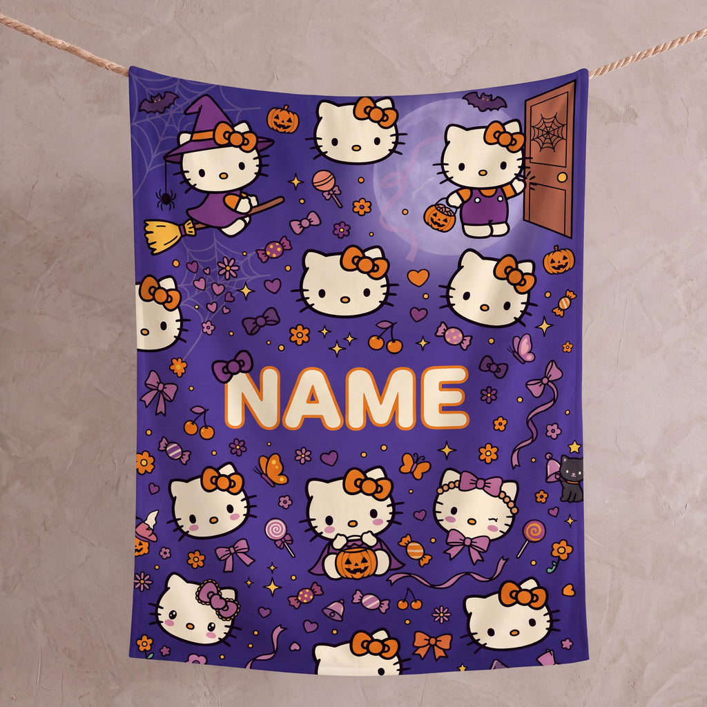 Personalized Halloween Kitty Blanket, Custom Spooky Throw, Cute Witch Kids Bedding Decor, Birthday Gift for Daughter Girl Flannel Blanket