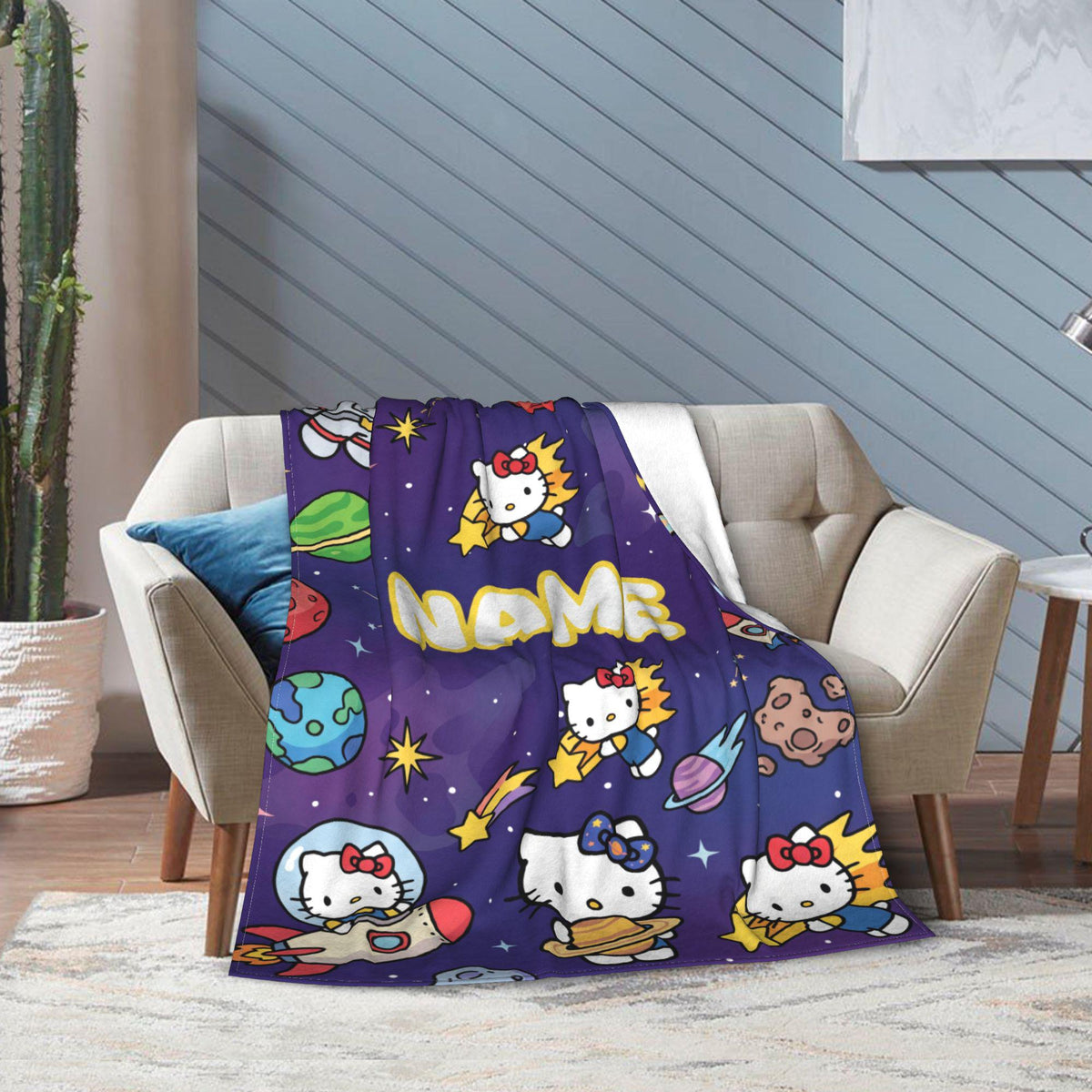 Personalized Space Kitty Blanket, Custom Galaxy Throw, Astronaut Kids Bedroom Bedding, Birthday Gift for Daughter Girl, Flannel Fleece Throw