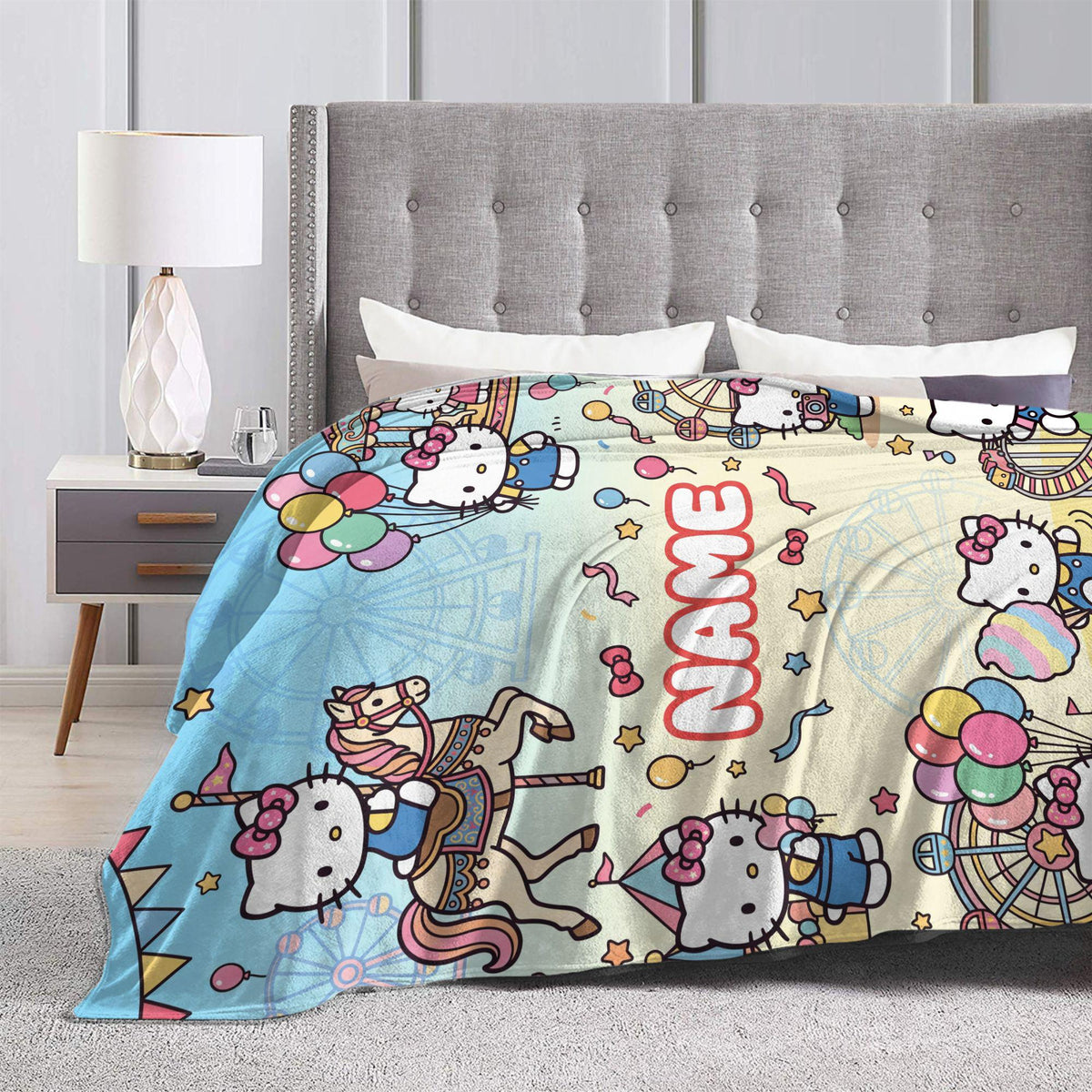 Personalized Carnival Kitty Blanket, Custom Amusement Park Throw, Kids Room Nursery Bedding, Birthday Gift for Daughter Girl Flannel Blanket