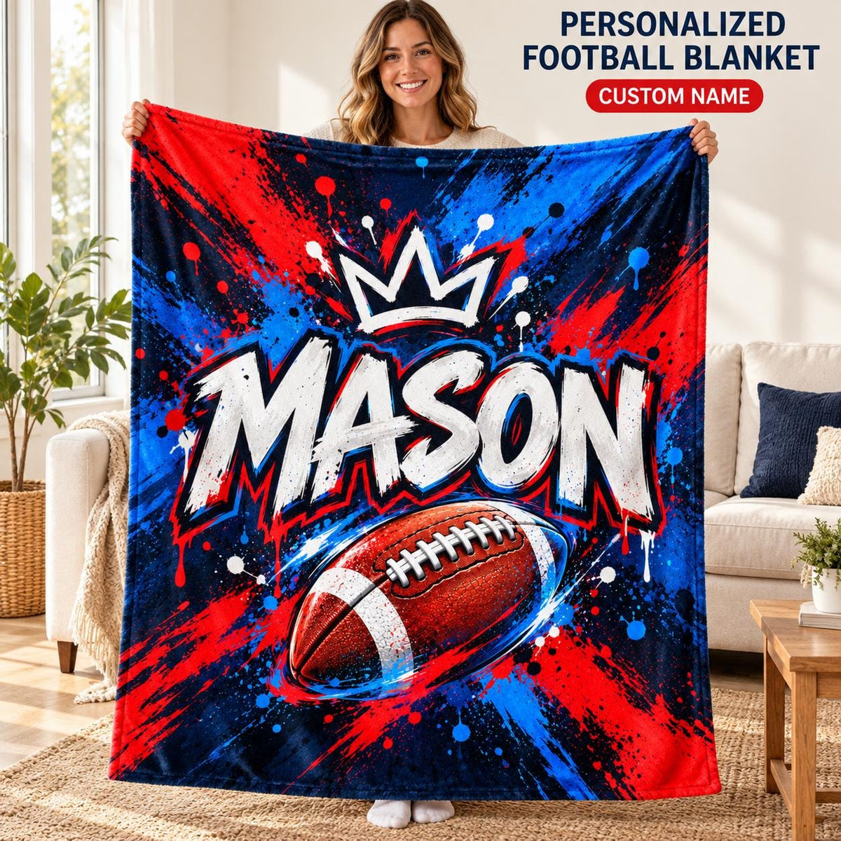 Personalized Football Blanket with Name, Red & Blue Plush Throw