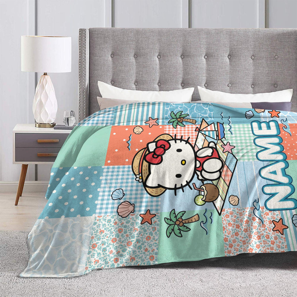 Personalized Coastal Kitty Blanket, Beach Quilt Throw, Cute Summer Nursery Kids Bedding, Birthday Gift for Daughter Girl Flannel Blanket