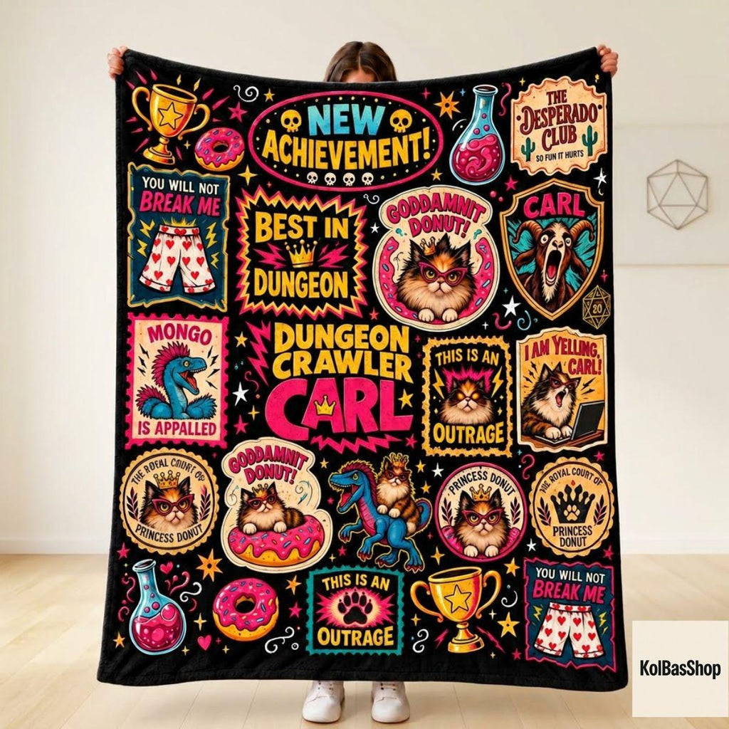Funny Dungeon Crawler Carl Blanket, Princess Donut and Mongo Throw, LitRPG Book Lover Gift, Fantasy Reader Fleece Blanket, Christmas Gift