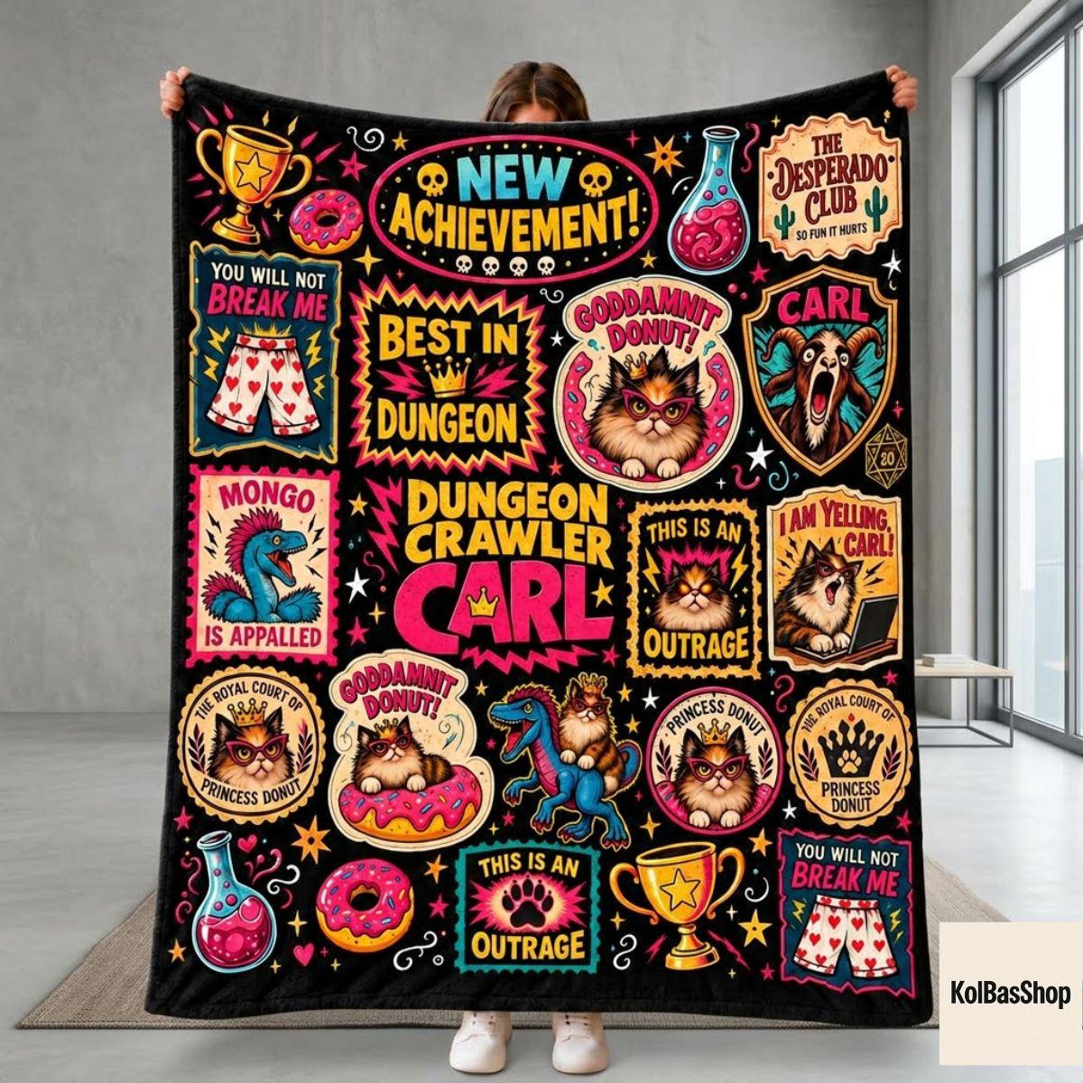 Funny Dungeon Crawler Carl Blanket, Princess Donut and Mongo Throw, LitRPG Book Lover Gift, Fantasy Reader Fleece Blanket, Christmas Gift