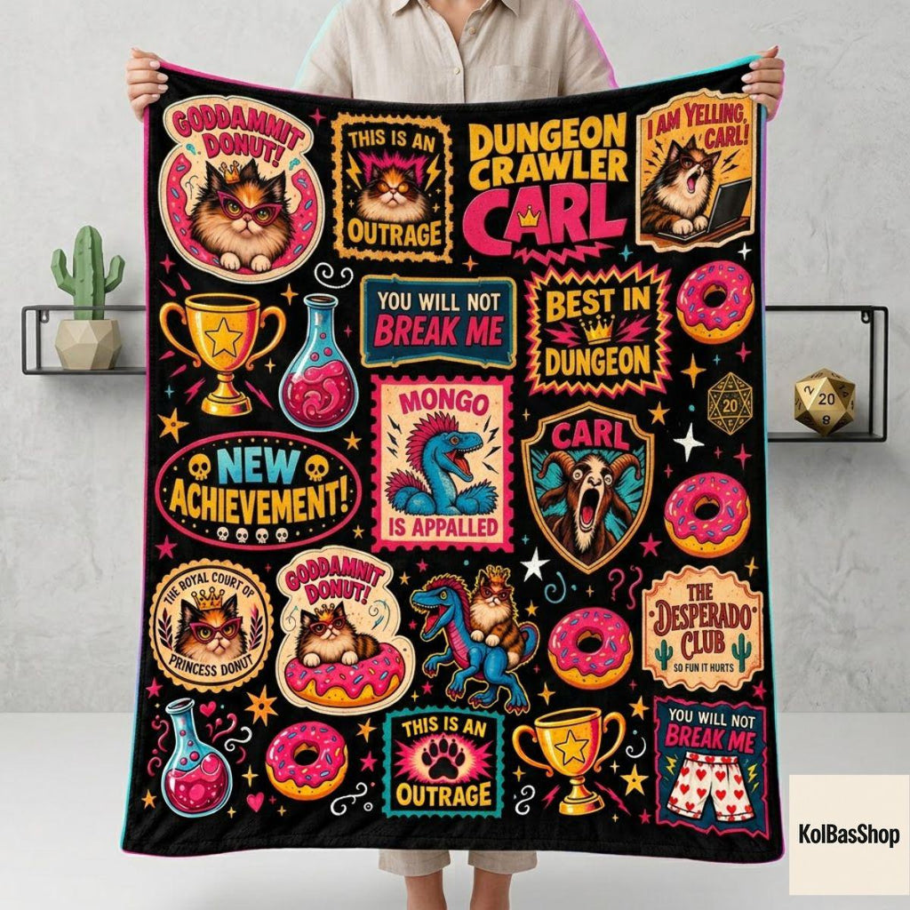 Funny Dungeon Crawler Carl Blanket, Princess Donut and Mongo Throw, LitRPG Book Lover Gift, Fantasy Reader Fleece Blanket, Christmas Gift