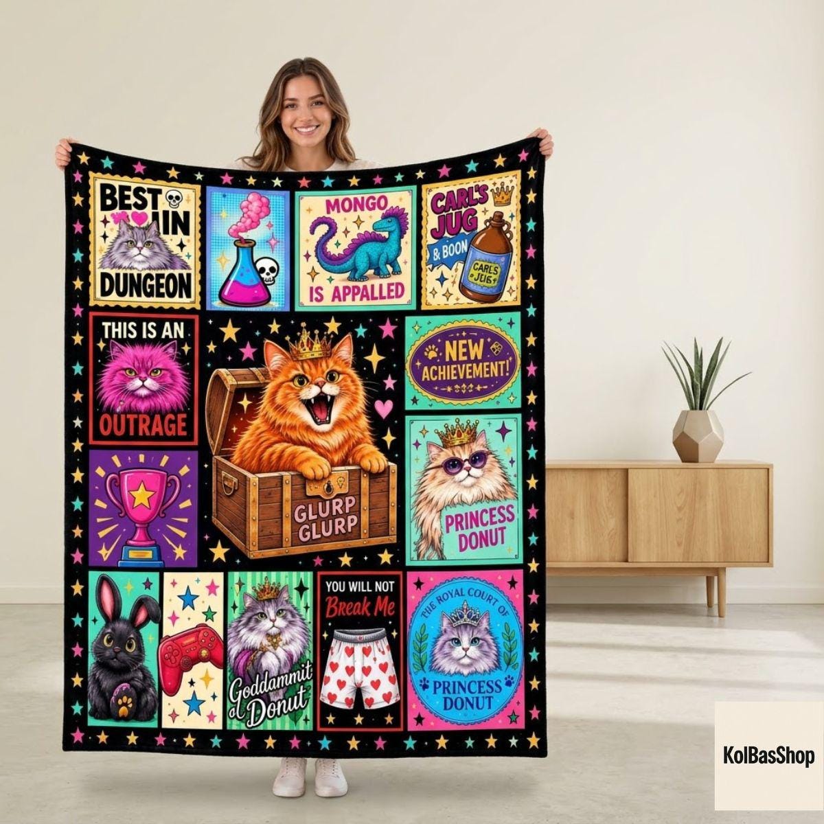 Funny Dungeon Crawler Carl Blanket, Princess Donut and Mongo Throw, LitRPG Book Lover Gift, Fantasy Reader Blanket, Christmas Gift Idea