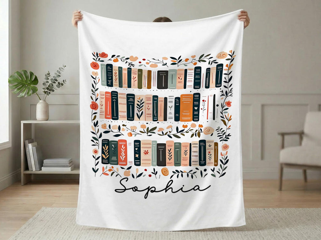Personalized Book Lover Blanket, Custom Name Bookshelf Blanket, Christmas Gift for Reader, Bookish Gift for Her