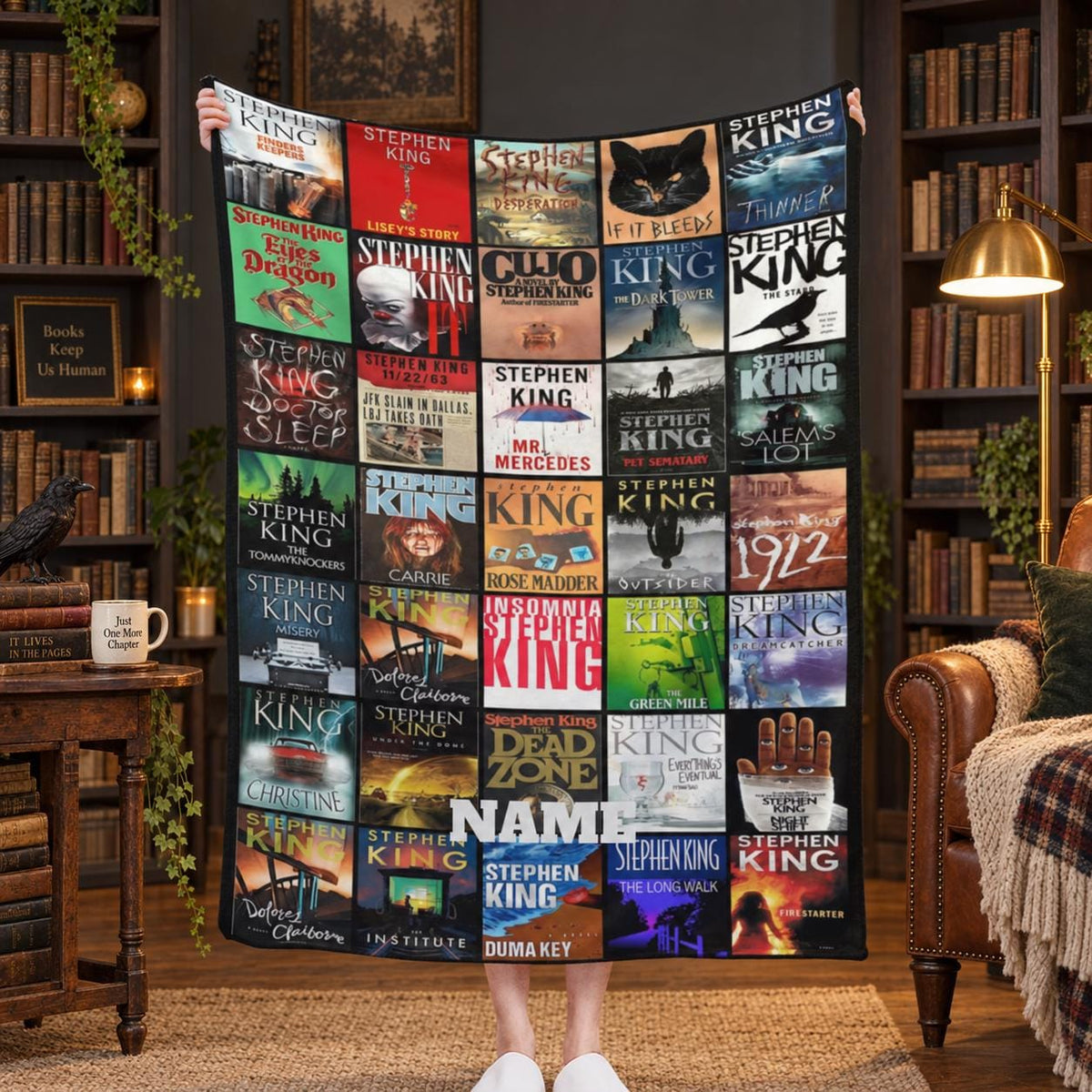 Personalized Horror Book Blanket, Spooky Novel Cover Throw, Custom Name Flannel Blanket, Dark Academia Gift for Readers