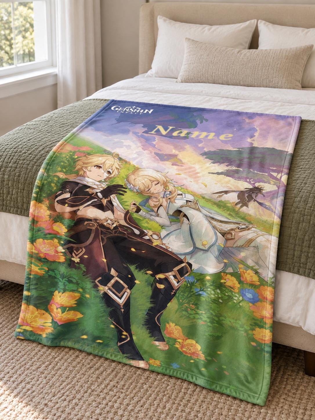 Custom Genshin Impact Blanket, Personalized Name Anime Throw, Aether Lumine & Character Collage, Gamer Gift Decor
