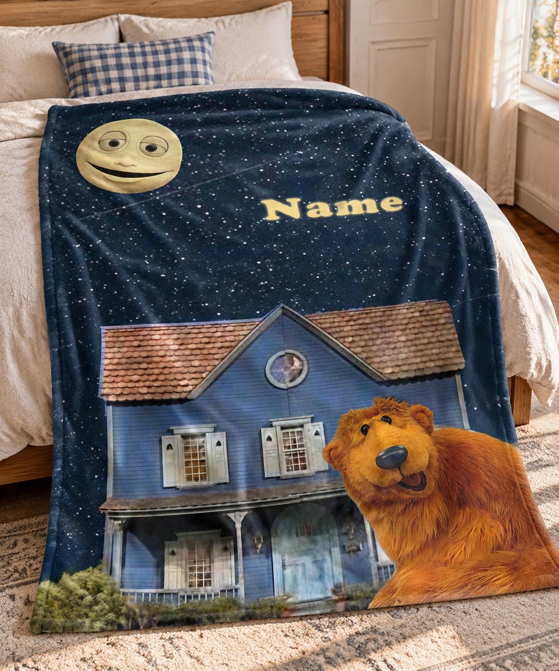 Personalized Bear in the Big Blue House Flannel Throw, Custom Name, Nostalgic TV Fan Gift