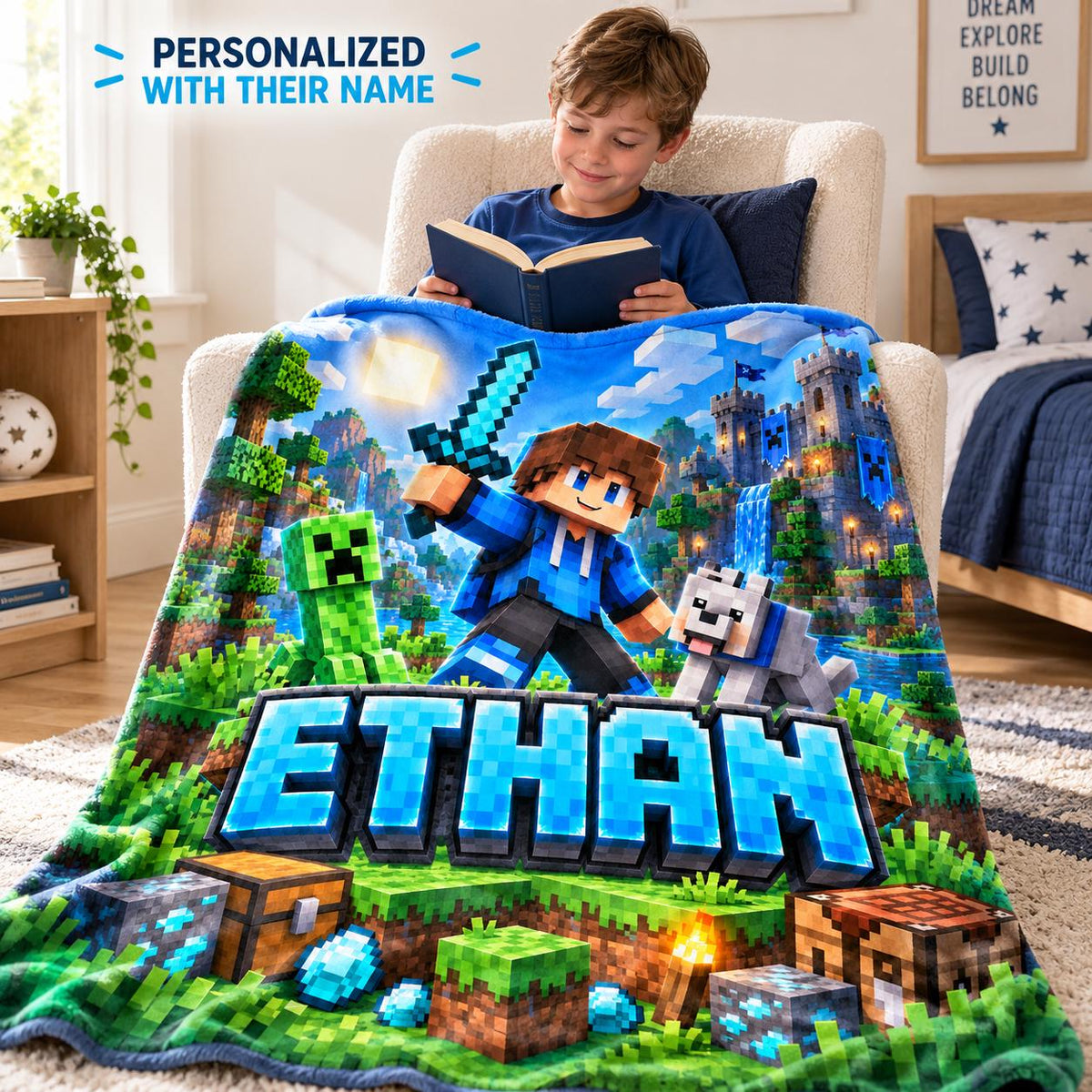 Personalized Gamer Blanket, Custom Name Pixel Gaming Kids Blanket