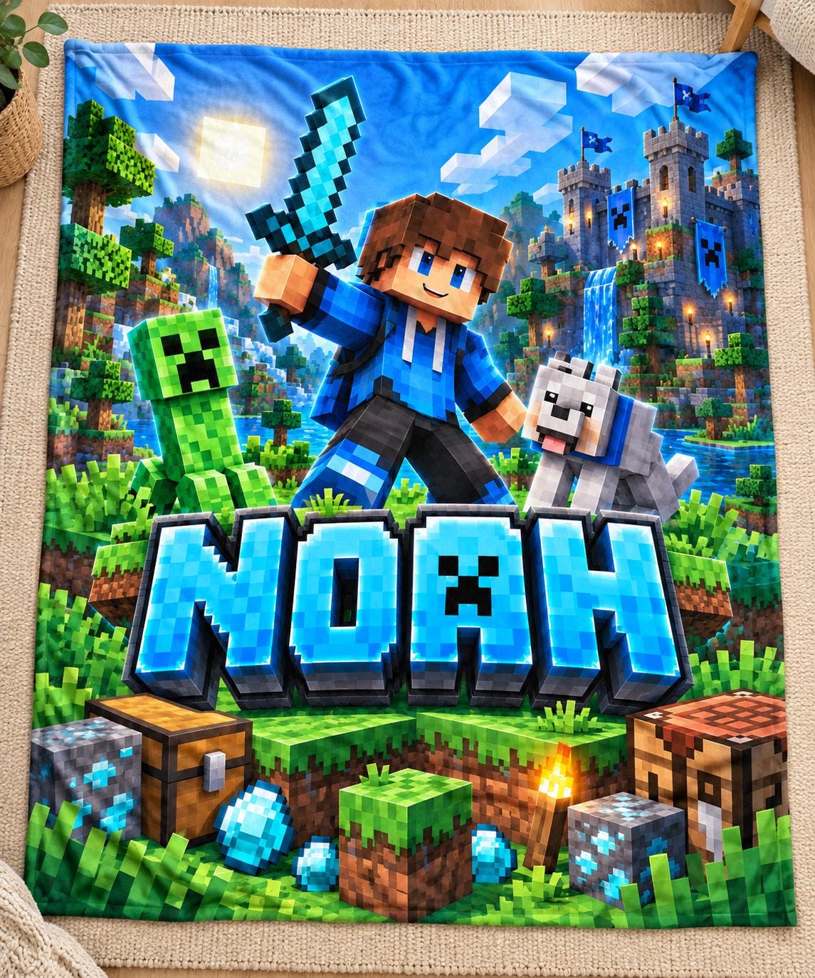 Personalized Gamer Blanket, Custom Name Pixel Gaming Kids Blanket