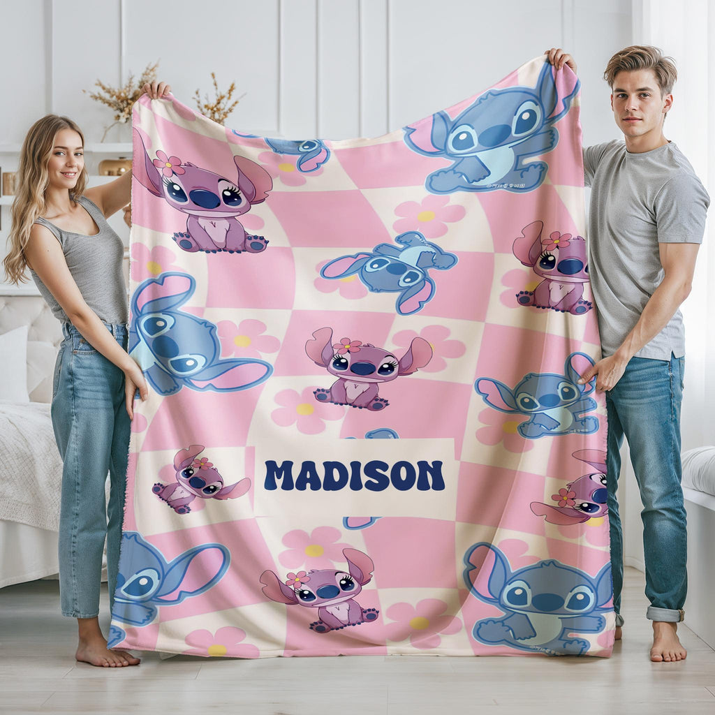Personalized Stitch Blanket, Custom Blue Alien Throw with Name, Cute Tropical Cartoon Blanket, Disney Inspired Gift, Cozy Kids Blanket,