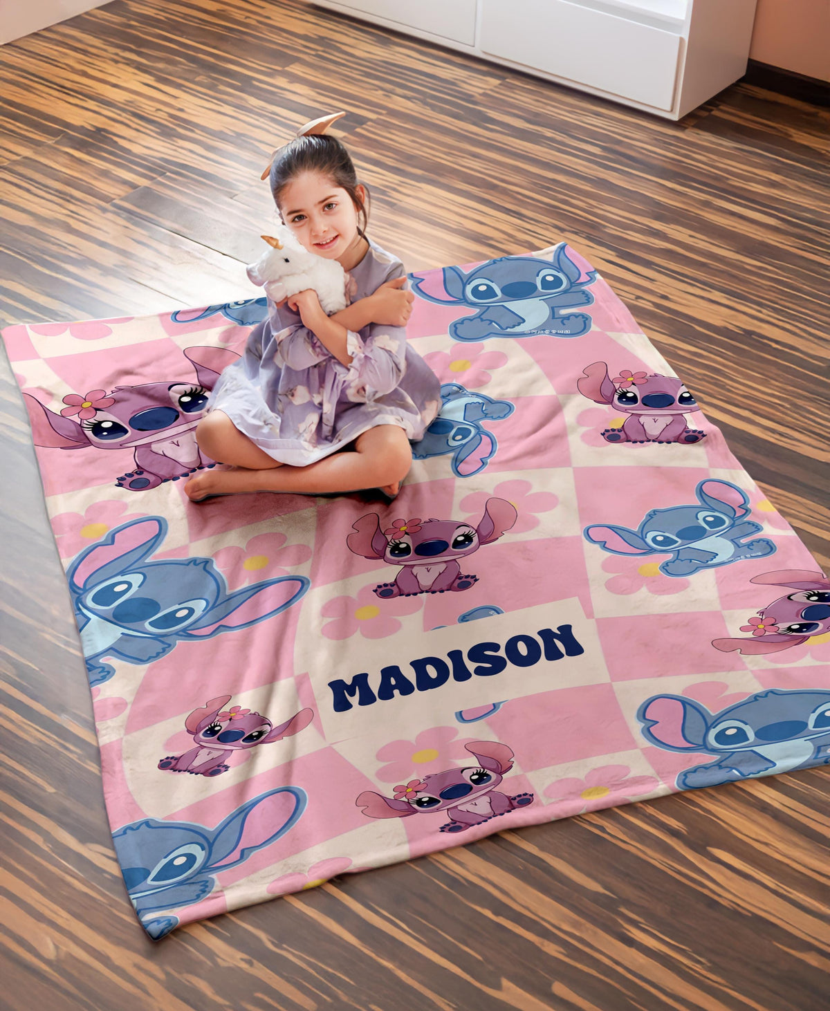 Personalized Stitch Blanket, Custom Blue Alien Throw with Name, Cute Tropical Cartoon Blanket, Disney Inspired Gift, Cozy Kids Blanket,