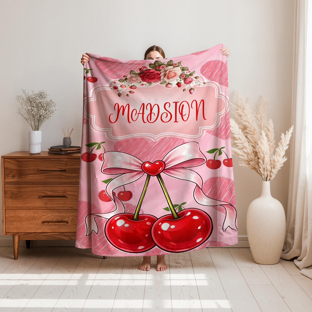 Personalized Cherry Blanket, Custom Cherry Throw with Name, Red Cherry Pattern Blanket, Cute Coquette Gift, Kawaii Cozy Blanket