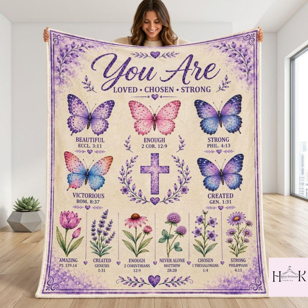 Christian Butterfly Blanket, Bible Verse Floral Throw, You Are Loved Chosen Strong Faith Gift for Women, Inspirational Religious Decor