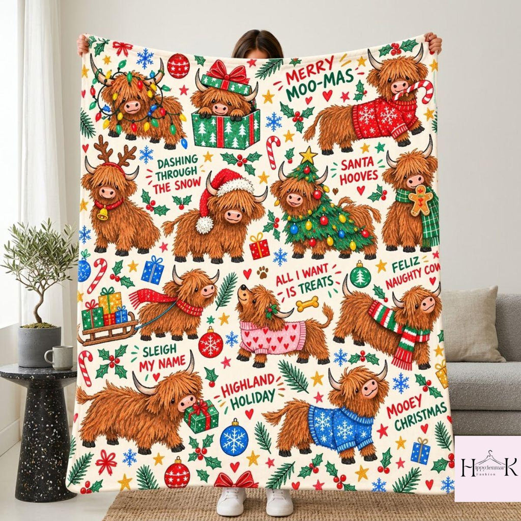 Highland Cow Christmas Blanket, Cute Scottish Cow Holiday Throw, Merry Moo Mas Fleece Blanket, Farmhouse Christmas Gift