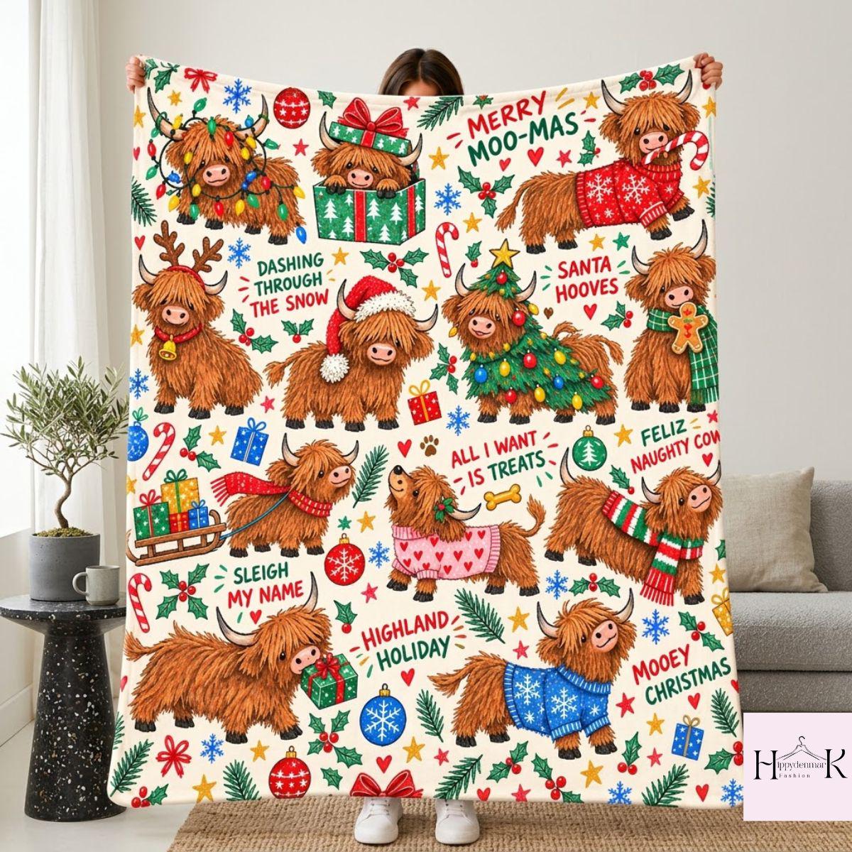 Highland Cow Christmas Blanket, Cute Scottish Cow Holiday Throw, Merry Moo Mas Fleece Blanket, Farmhouse Christmas Gift
