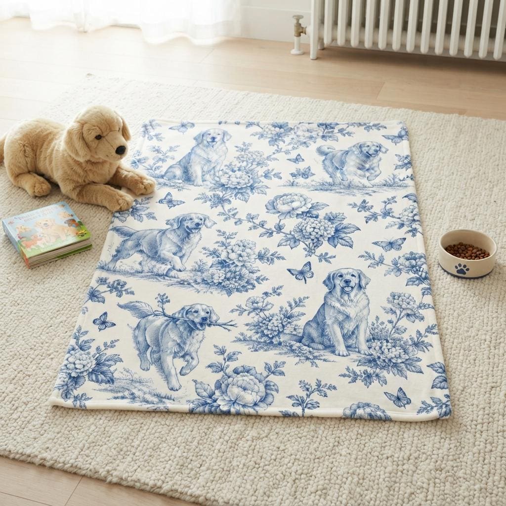 Golden Retriever Toile Blanket, Blue Floral Dog Throw, Vintage French Country Flannel, Cozy Pet Lover Gift, Soft Fall Blanket