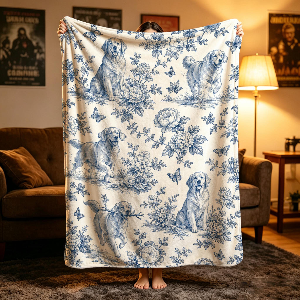 Golden Retriever Toile Blanket, Blue Floral Dog Throw, Vintage French Country Flannel, Cozy Pet Lover Gift, Soft Fall Blanket