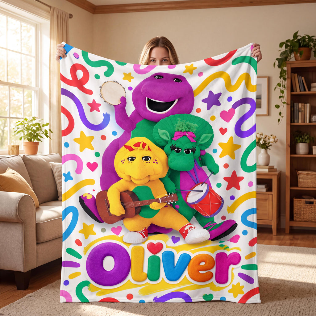 Cute Personalized Dinosaur Blanket Custom Name Flannel Throw 90s Nostalgic TV Purple Dino Toddler Birthday Gift Baby Boy Nursery Bedding