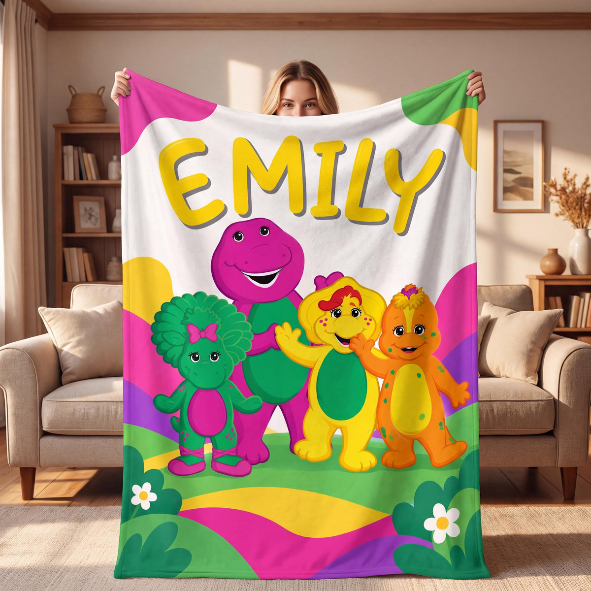 Personalized Purple Dinosaur Blanket, Custom Name Throw for Kids, 90s Nostalgia Toddler Girl Gift, Custom Nursery Bedding, Soft Flannel
