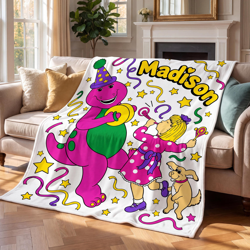 Personalized Purple Dinosaur Flannel Blanket, Custom Name Throw for Kids, 90s Nostalgia Childhood Gift, Toddler Birthday Party Decor