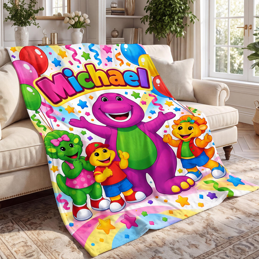 Personalized Dinosaur Blanket Custom Name Flannel Throw Nostalgic 90s Kids Gift Purple Dino Nursery Decor Toddler Birthday Present