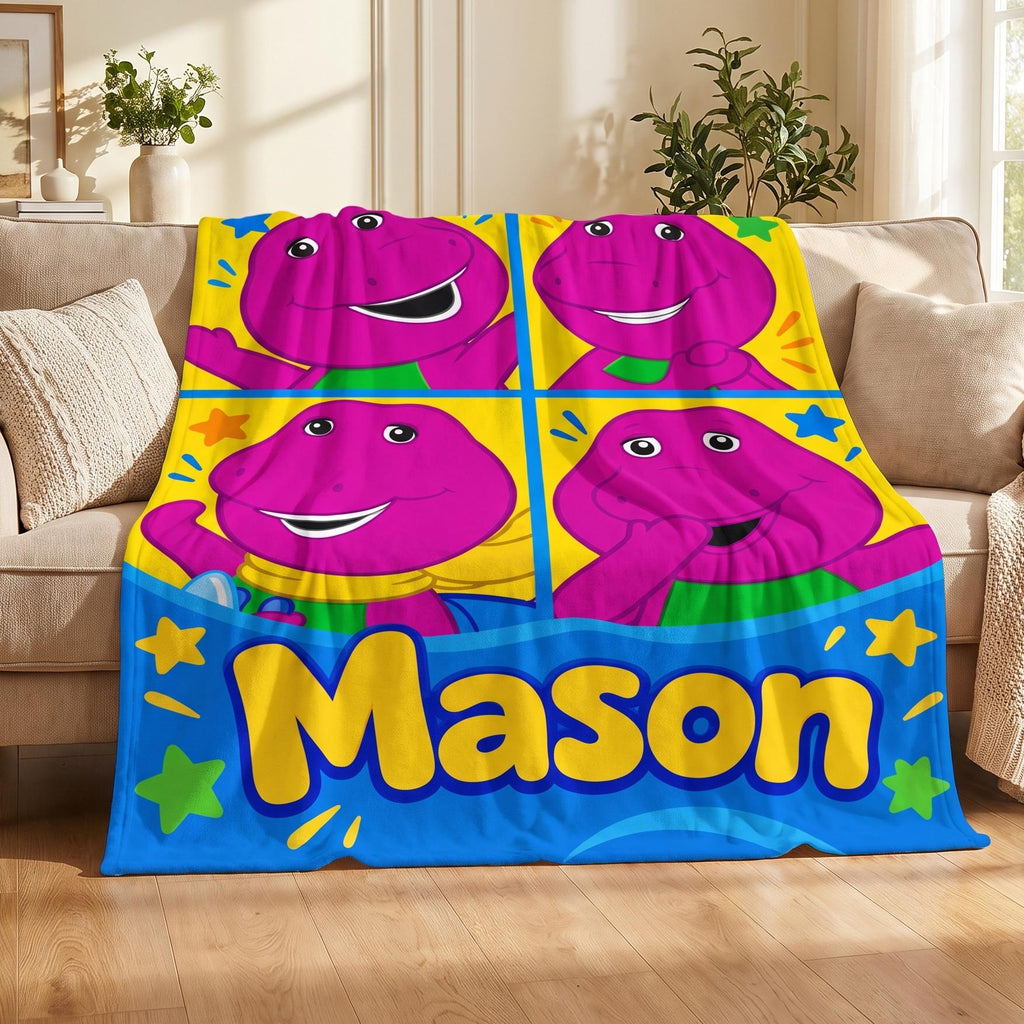 Personalized Soft Purple Dinosaur Flannel Blanket, Custom Name Throw Kids Birthday Gift, Nostalgic Nursery Decor Toddler Boy Girl Present