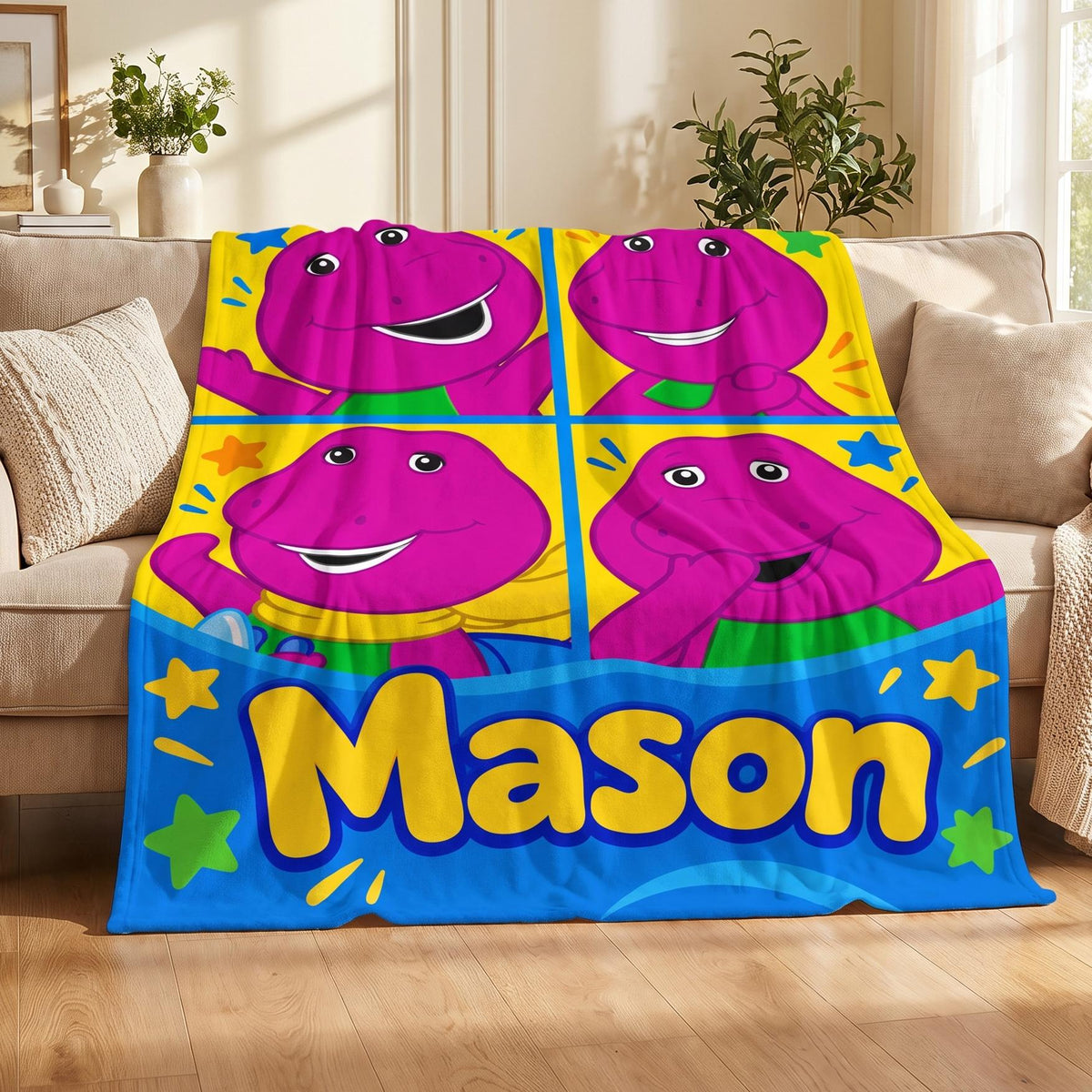 Personalized Soft Purple Dinosaur Flannel Blanket, Custom Name Throw Kids Birthday Gift, Nostalgic Nursery Decor Toddler Boy Girl Present