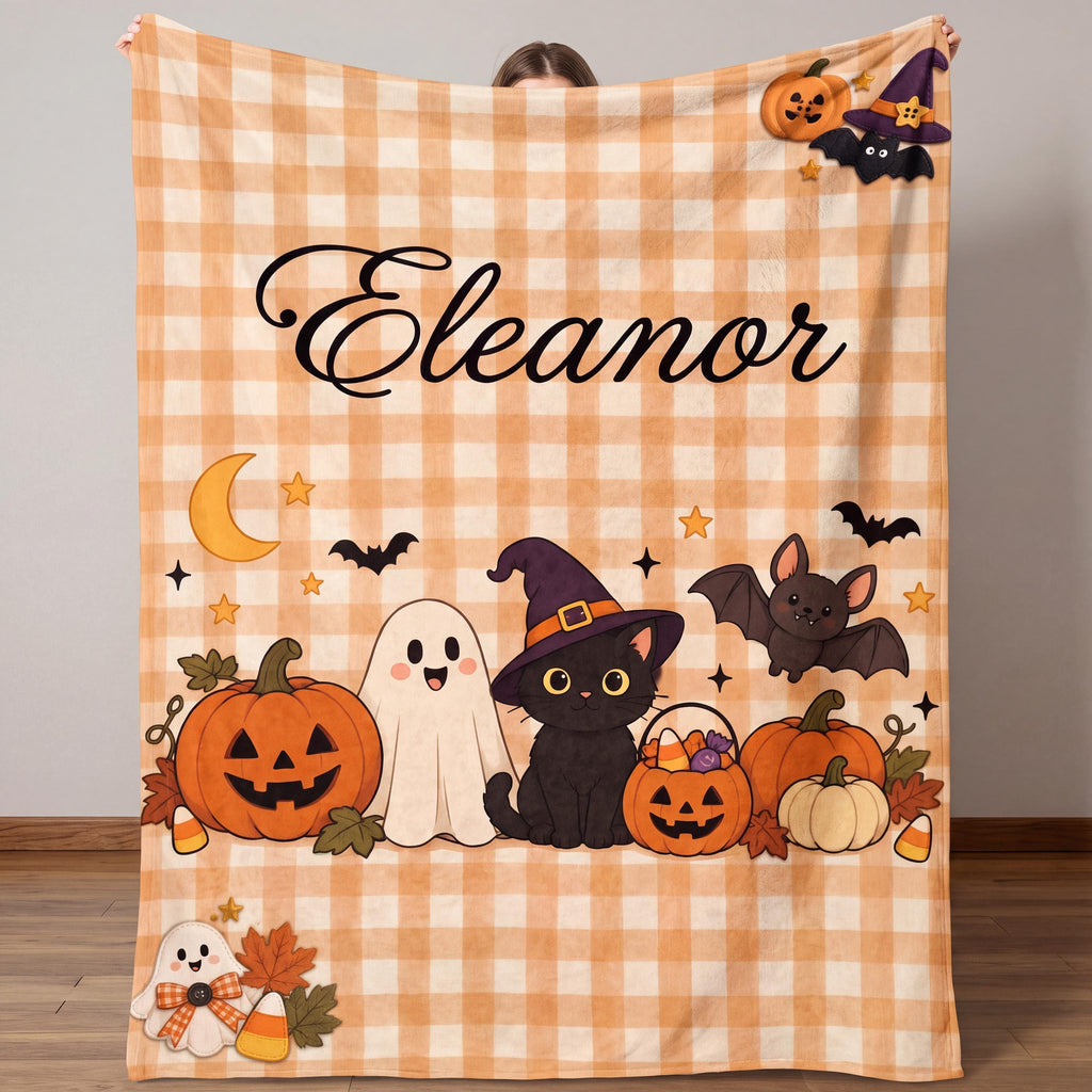 Custom Halloween Blanket, Cute Ghost & Black Cat Baby Throw, Personalized Boo Basket Stuffer, Toddler Fall Decor, First Halloween Gift