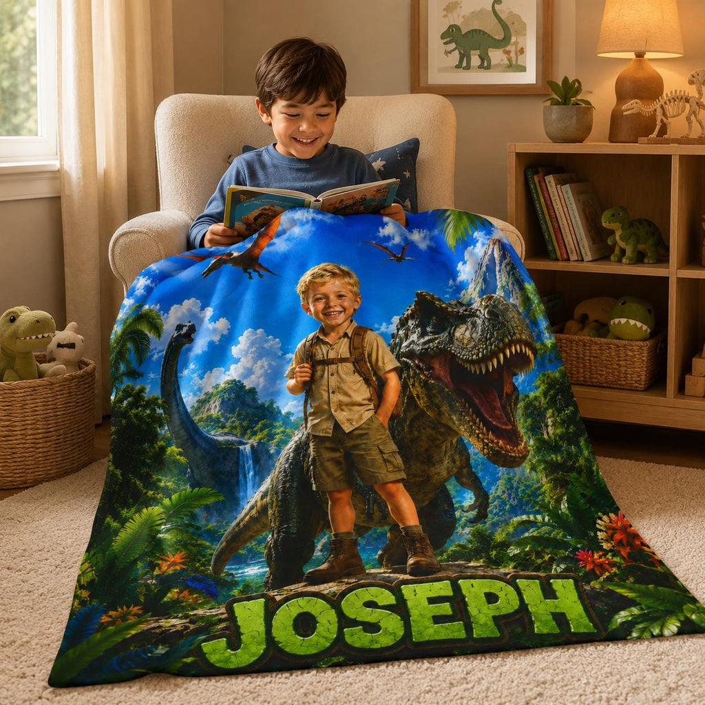 Personalized Dinosaur Blanket, Custom Name Kids Dino Gift