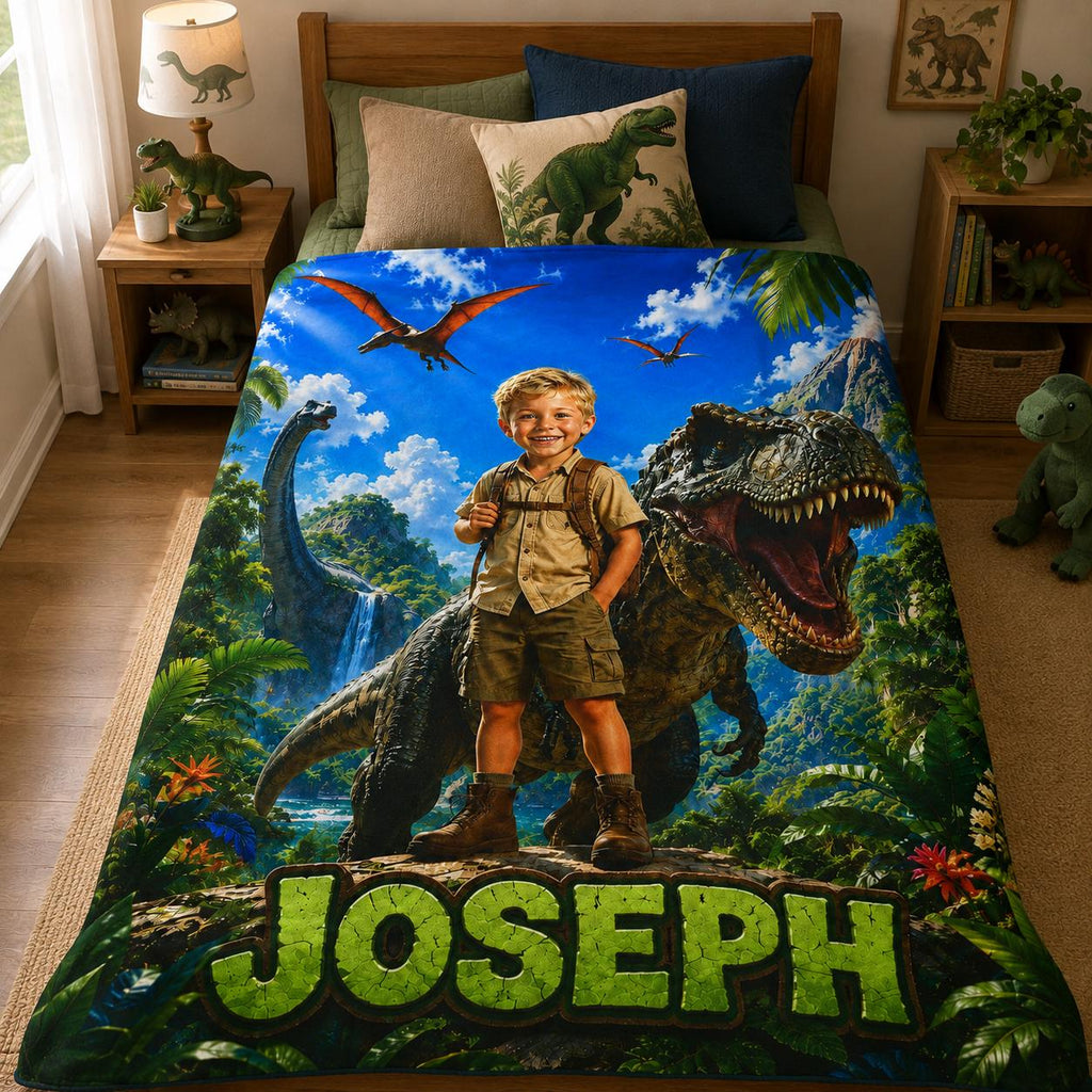 Personalized Dinosaur Blanket, Custom Name Kids Dino Gift